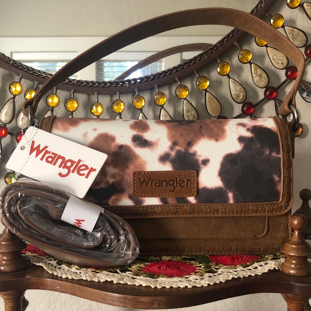 NWT Wrangler Faux Suede & Faux Leather Cowhide-Print Handbag